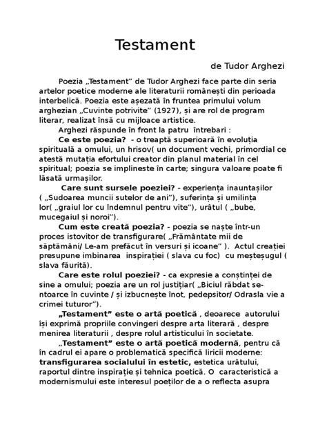 testament tudor arghezi rezumat